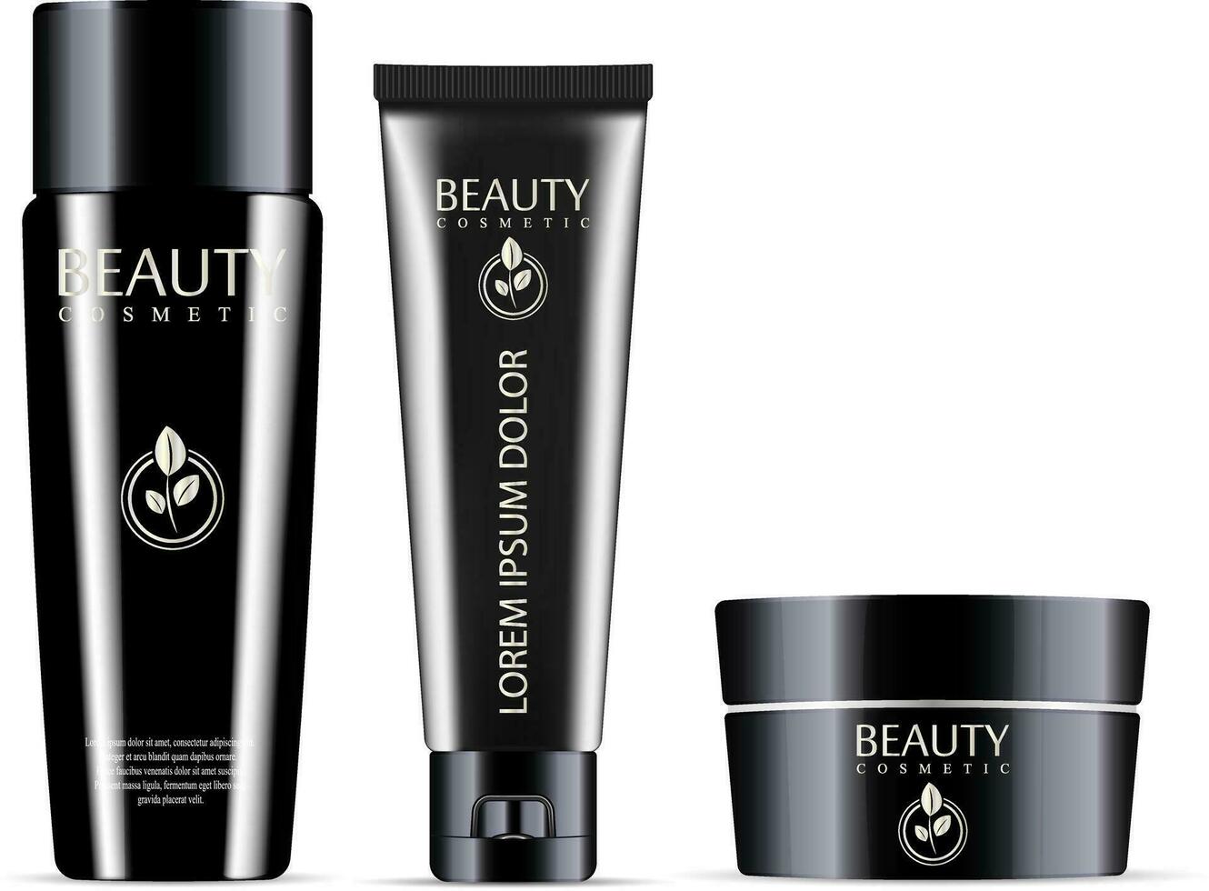 Glossy black cosmetic bottles mockup set. Bottle for shampoo or hair conditioner, Tube Packaging, cream jar with brand logo and label. vector