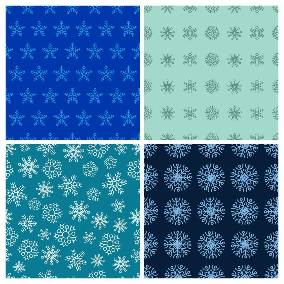 Seamless background with snowflakes. Set of four Christmas and New Year backdrops. Christmas decoration elements. Vector illustration.