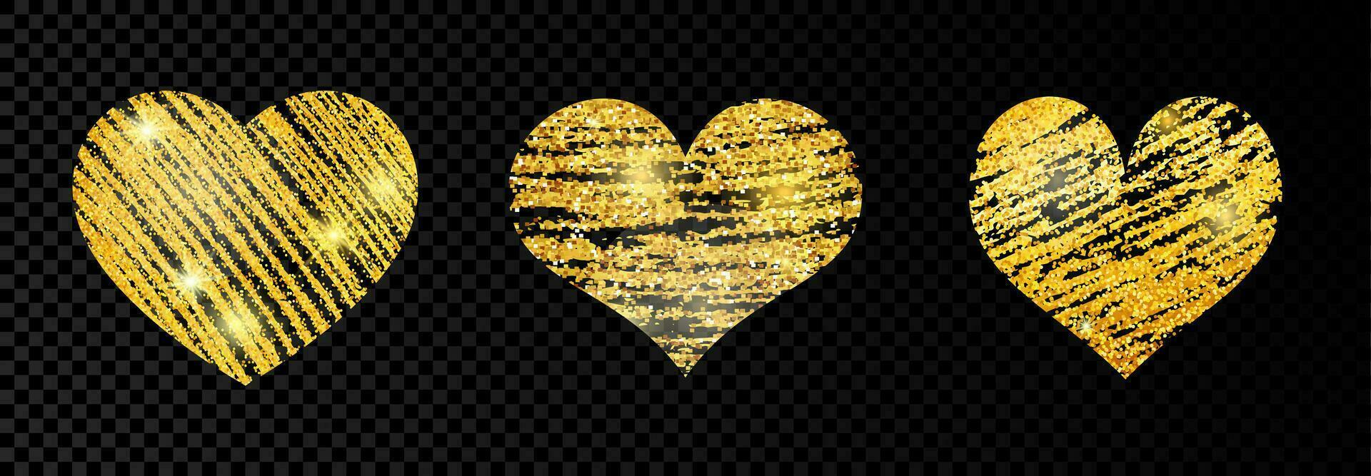 Set of three heart with goldens glittering scribble paint on dark background. Background with gold sparkles and glitter effect. Empty space for your text. Vector illustration