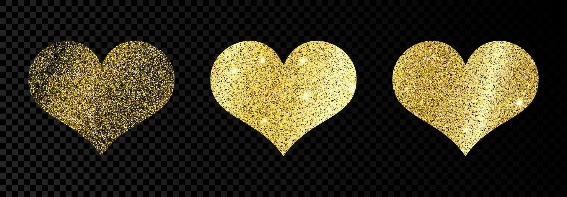 Set of three gold glittering hearts on dark background. Background with gold sparkles and glitter effect. Vector illustration