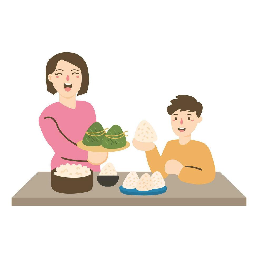familia Cocinando juntos zongzi ilustración vector