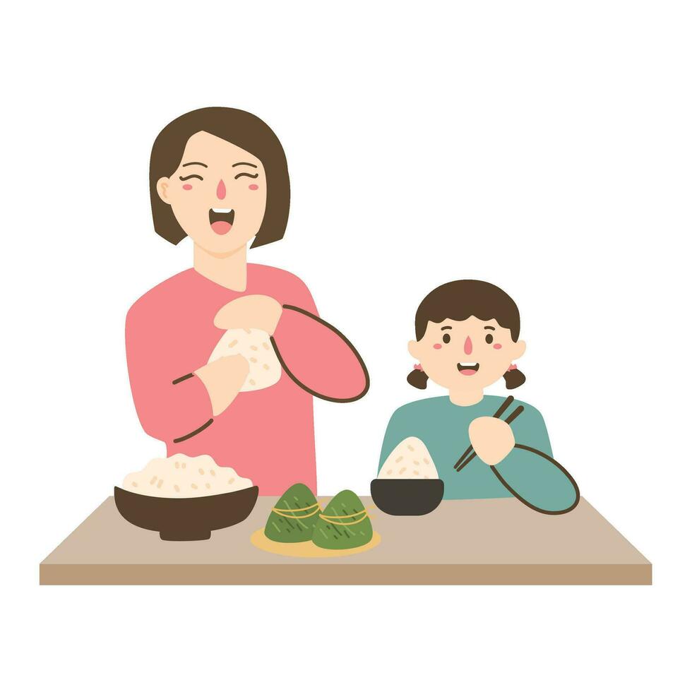 mano dibujado familia preparando zongzi vector