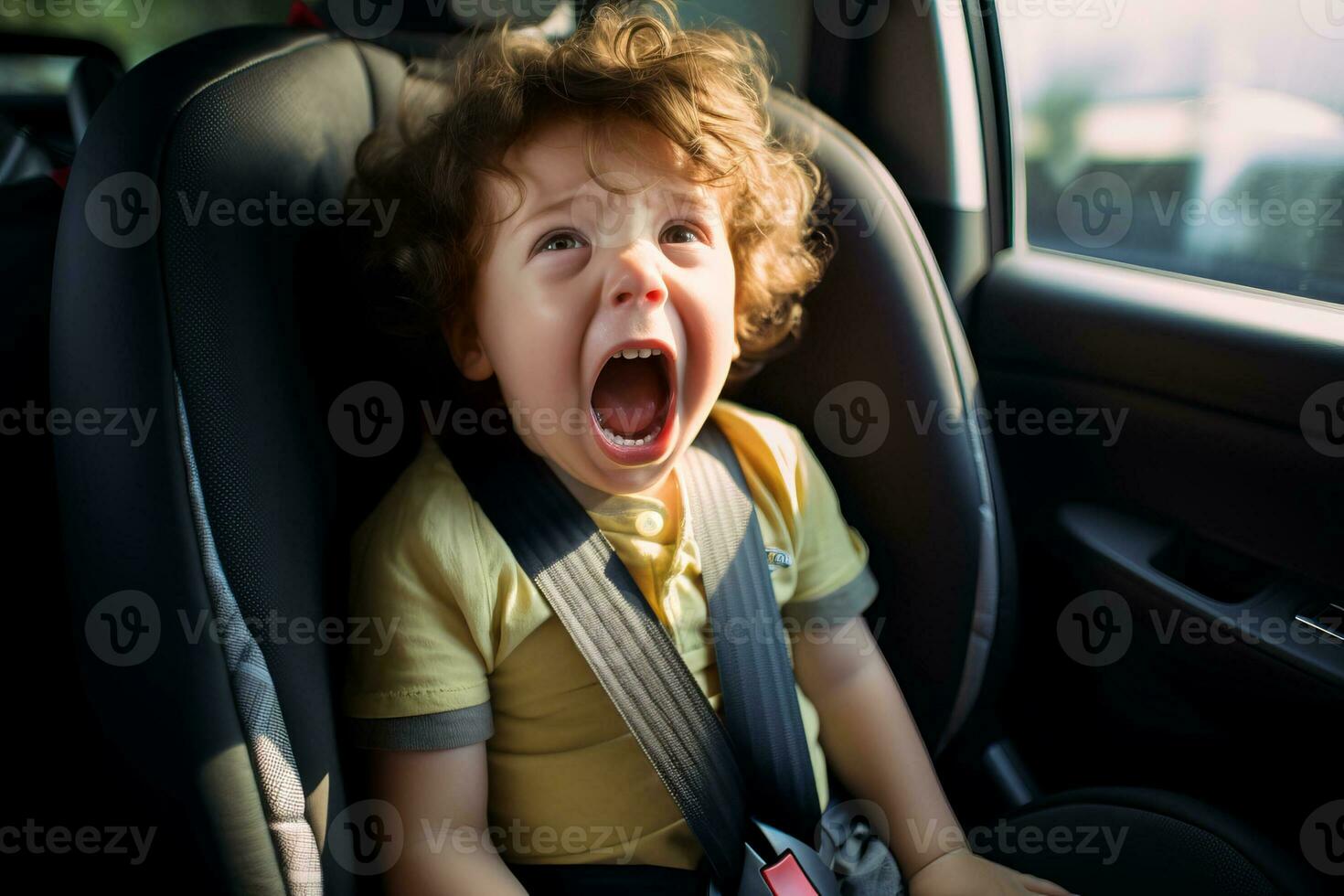 ai generado niñito teniendo un templar berrinche mientras sentado en un coche asiento. enojado niño gritando y llorando en un vehículo. de viaje con pequeño niños. yendo por coche con niños. foto