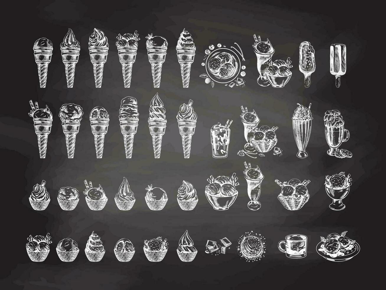 Big hand-drawn sketch of ice cream or frozen yoghurt in waffle cups and cones, milkshakes, ice cream on a stick, cookies on chalkboard background. Element for labels, packaging and postcards. Sweet. vector
