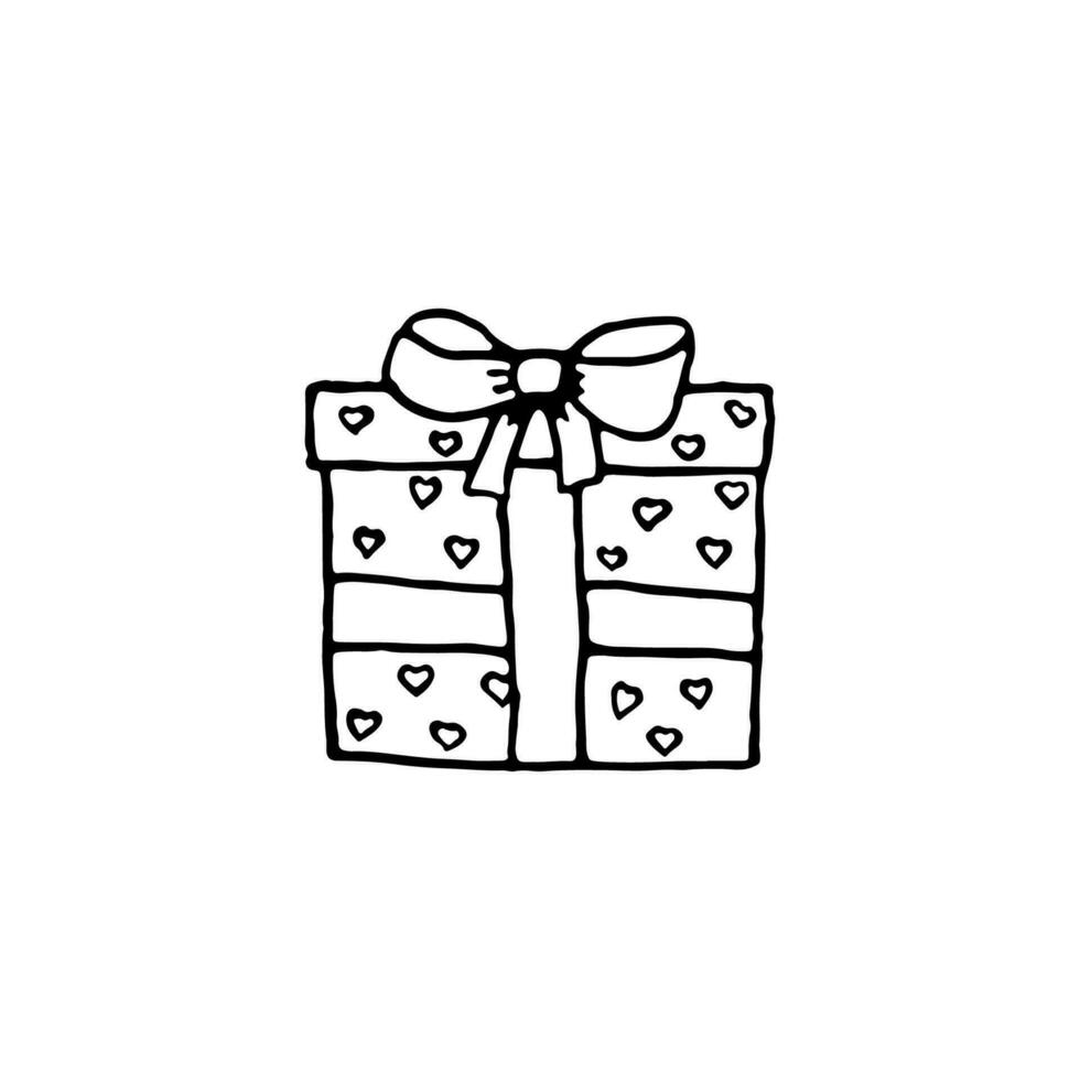 Doodle gift box with bow icon isolated on white background. Christmas and New Year presents with hearts thin line doodle in cartoon style. Gift wrap or package. Hand drawn icons vector illustration