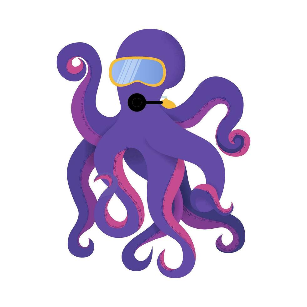 vector ilustración con un pulpo buzo. un alegre y contento personaje un pulpo con un máscara y un globo se sumerge a el fondo de el océano, un símbolo o un mascota para buceo escuelas.