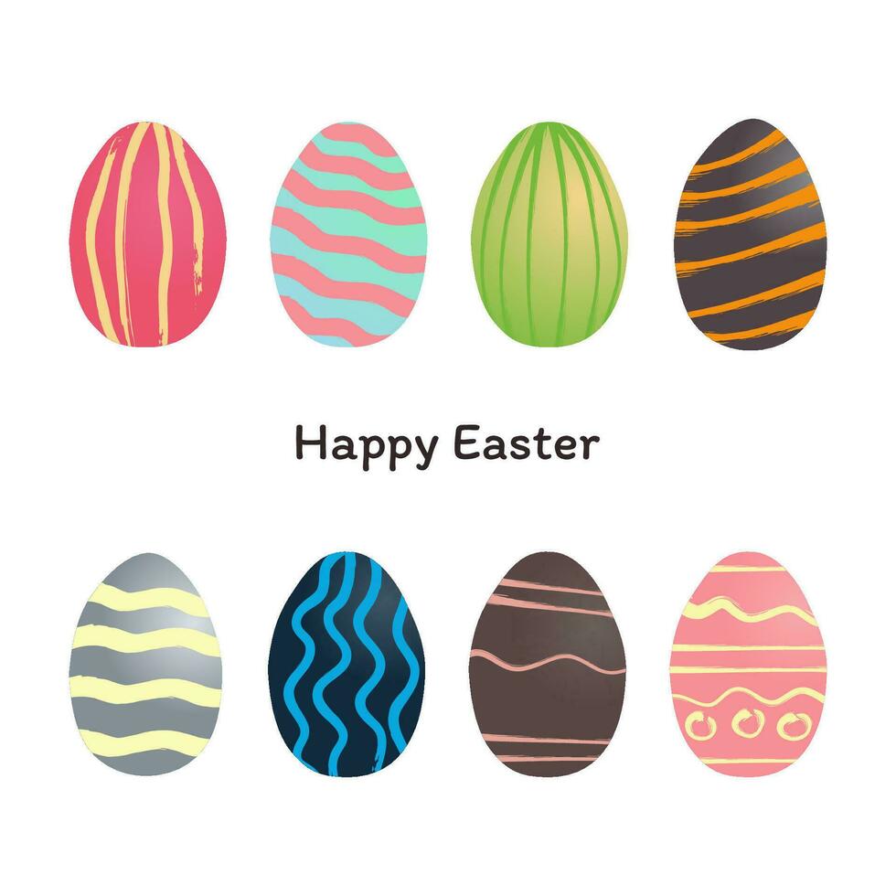 Vector illustration with eggs collection for happy easter greeting card. Set easter art on 8 bright eggs. Grunge brushes painted colorful eggs