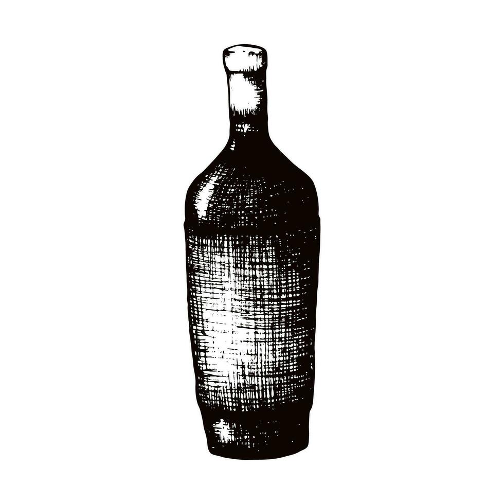 Stock vector illustration with a glass bottle of red wine.  Hand drawn sketch vintage engraving style. Isolated on white background. Mulled wine