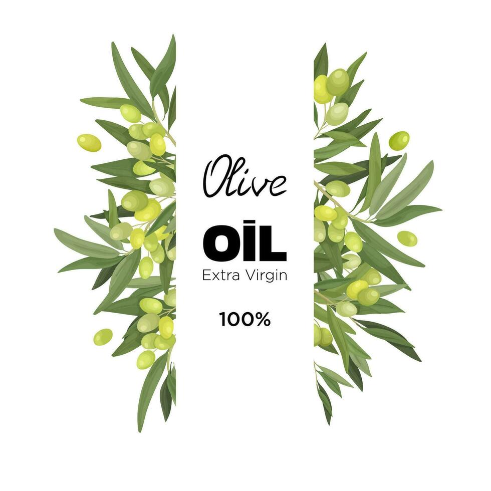 Vector illustration of a vertical frame made of olive branches and fruits in a cartoon style. Olive frame for virgin oil bottle, packaging and label and banner