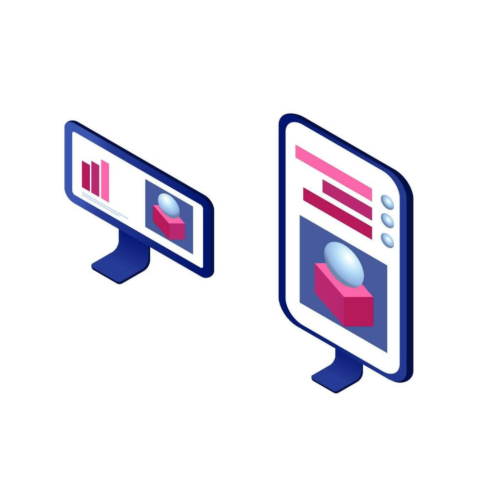 Vector isometric illustration of infographics monitors with graphs and study of 3D paintings. NTF token analysis of price increases for works of art.