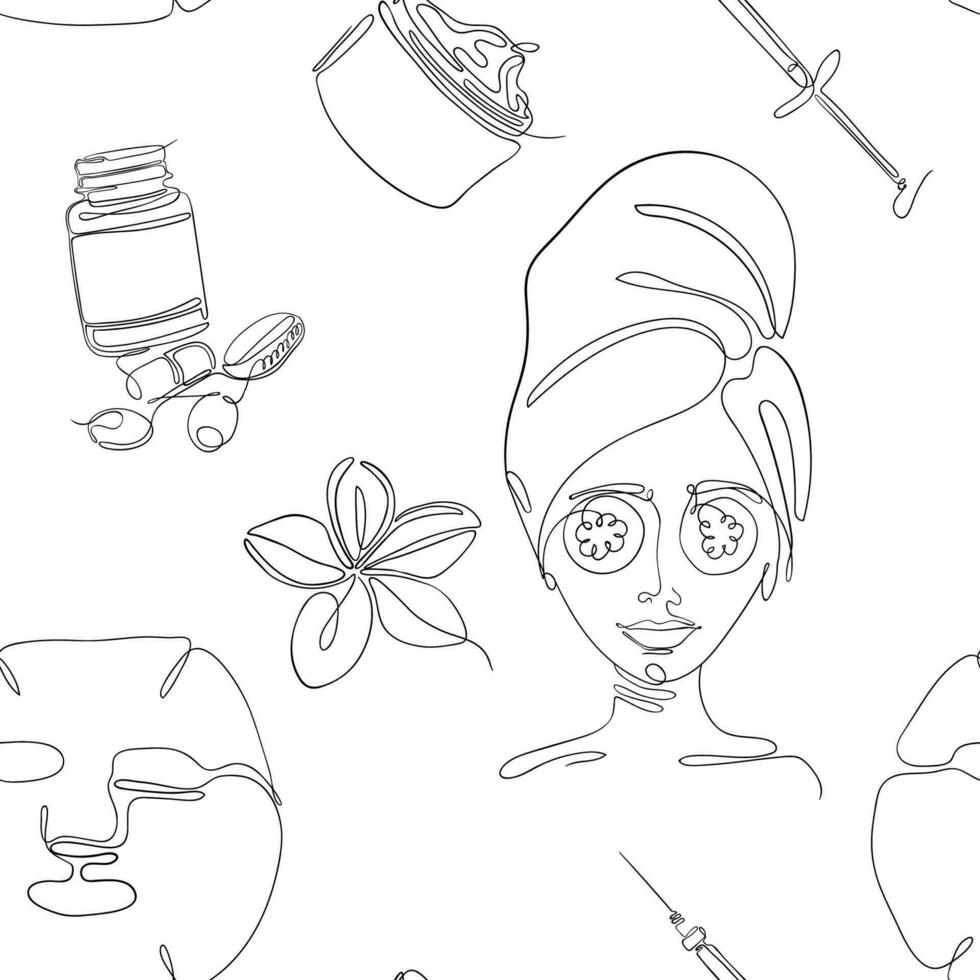 Vector illustration of a seamless pattern with cosmetic services. Packaging or fabric for cosmetic business, stationery pattern