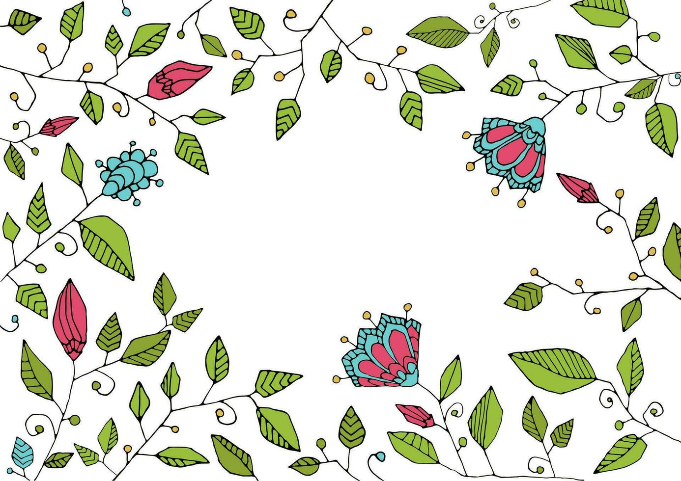 horizontal marco de flores, patrones con Copiar espacio. manchado vaso estilo lineal dibujo botánico ornamento para linda tarjeta postal vector