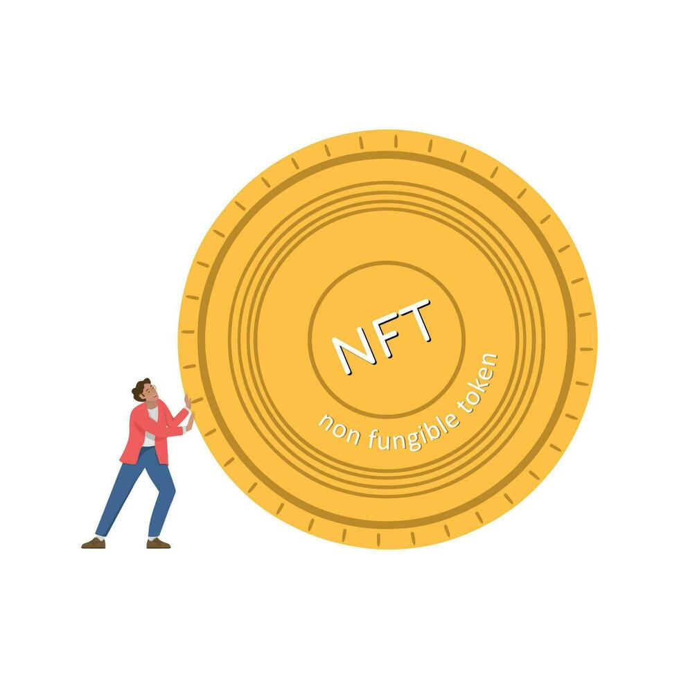 Man rolls NFT coin with difficulty non-fungible token, advance or fall vector