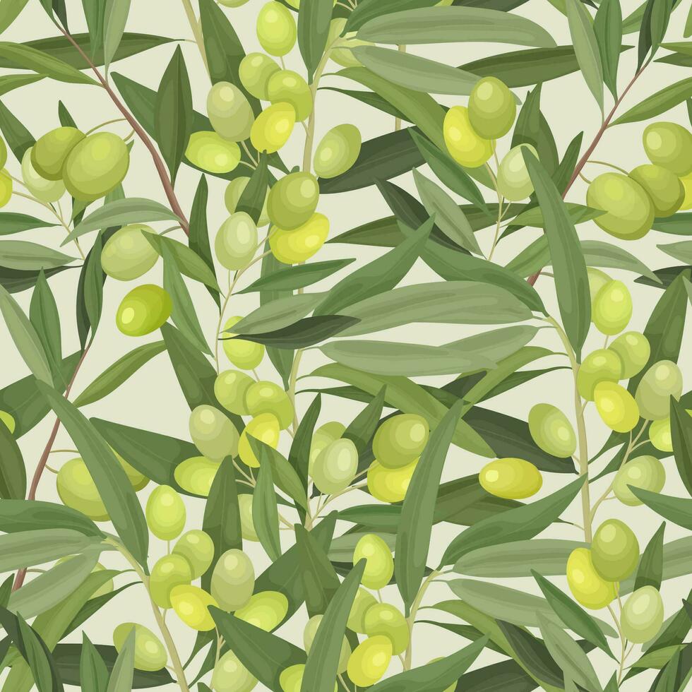 Vector illustration of a seamless pattern of dense thickets of olive branches. Packaging, wrapper or fabric with olive ornament on a light background