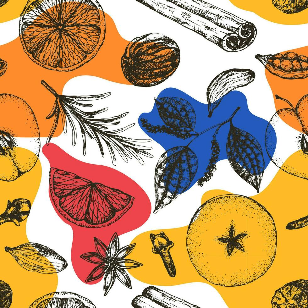 Seamless pattern hot winter mulled wine alcoholic drink with bright spots. Sketch-style mulled wine ingredients and spices for wrapping, packaging, menu design vector