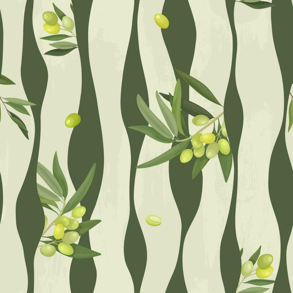 Vector illustration of a vertical winding lines seamless pattern and olive branches and fruits. Packaging, wrapper or fabric with olive ornament geometry