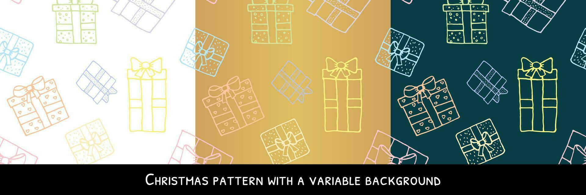 Gift box icon seamless pattern with a variable background. Christmas presents thin line doodle. Gift wrap. Gift package. Stationery, invitations, cards, Hand drawn gifts patterns. Vector