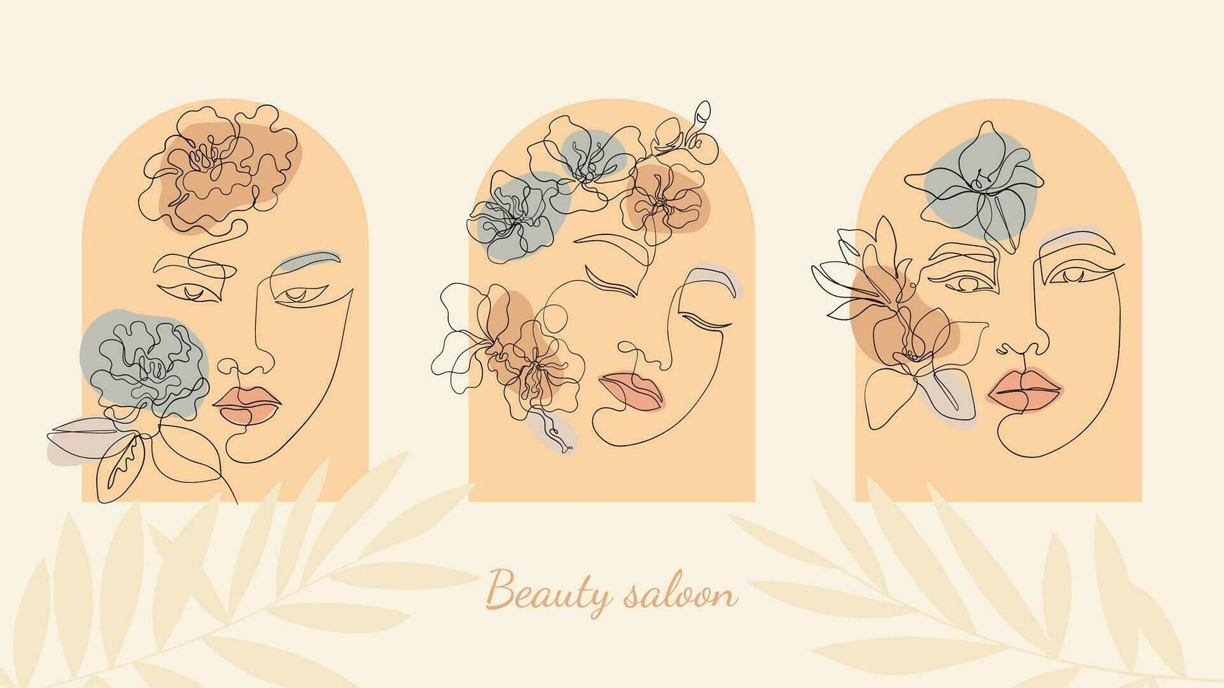Triptych for beauty salon three female faces line art. Boho style arch windows and mysticism vector
