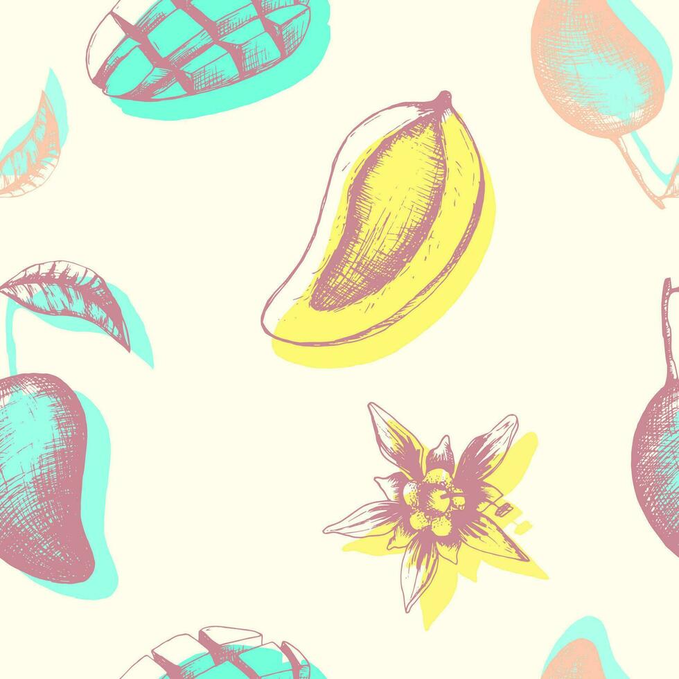 Hand drawn vector seamless pattern with mangoes fruits and flowers. Thai mango and leaves in bright colors. For textile bag, t shirt, wallpaper and fabric, tablecloth and kitchen design