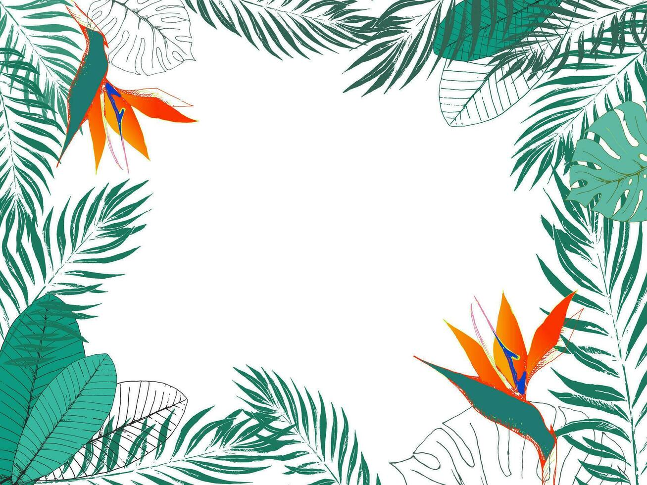 eco tropical modelo con sitio para texto. selva exótico marco de Strelitzia flores, palma hojas, monstera hojas, frangipani eps8 vector ilustración