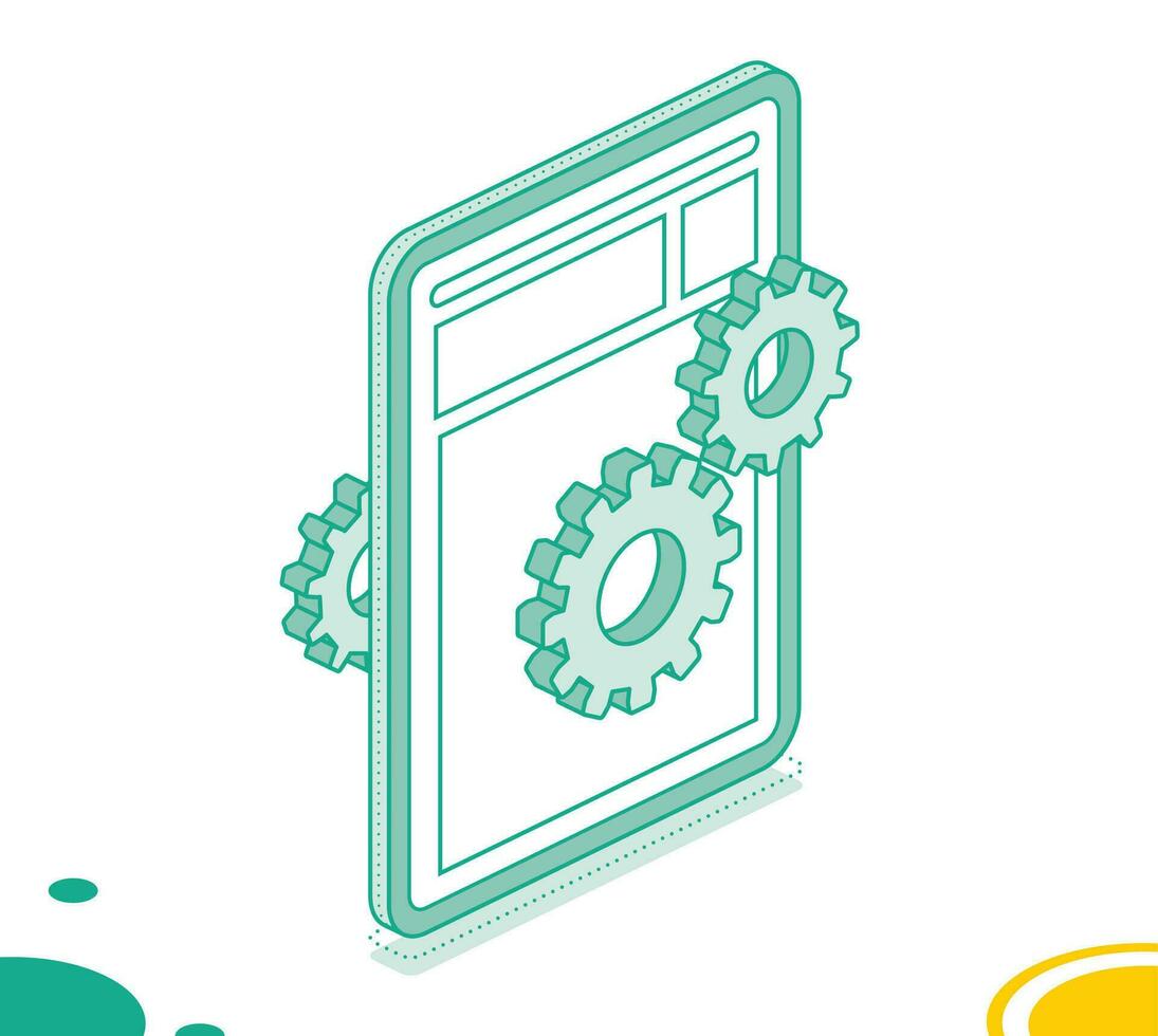 Isometric concept with tablet pc and gearwheel. Application settings. Setup icon. Outline 3d objects isolated on white background. vector