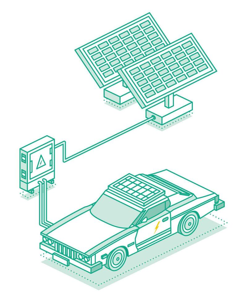 Electric car charging on renewable energy. Electricity scheme with transformer and solar panels. Isometric outline concept. Vehicle on renewable solar panel energy. vector