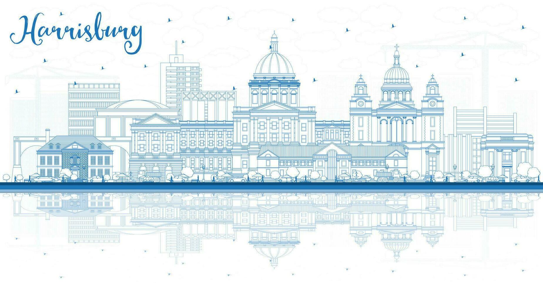 Outline Harrisburg Pennsylvania city skyline with blue buildings and reflections. Harrisburg USA Cityscape with landmarks. Travel and tourism concept with modern architecture. vector