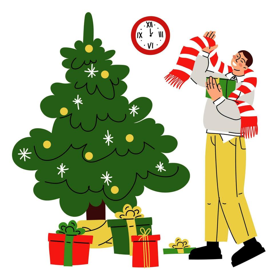 Navidad ilustración en cuales un chico recibido un bufanda como un regalo cerca un Navidad árbol con regalo cajas es hora a dar regalos. desempacar un regalo. vector. regalos y sorpresas alegre Navidad, nuevo año vector