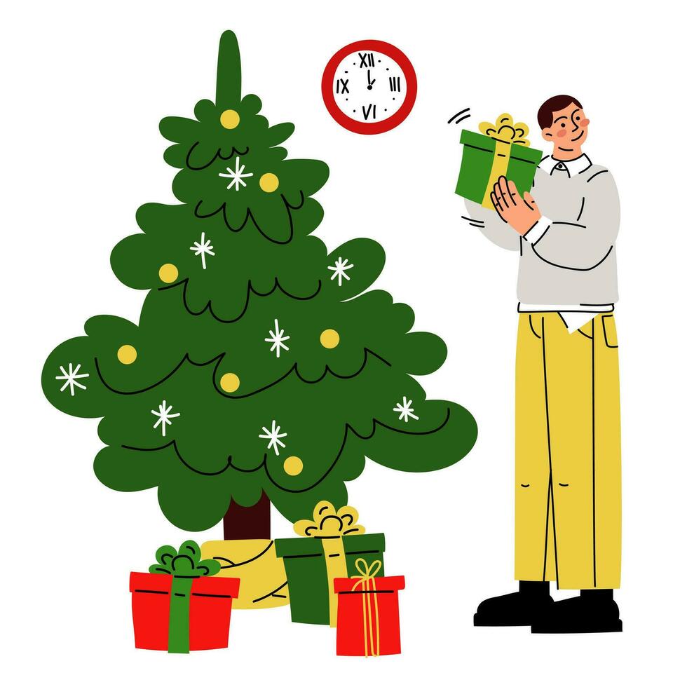 un Navidad ilustración en cuales un chico cheques un regalo cerca un Navidad árbol con regalo cajas es hora a dar regalos. desempacar un regalo. vector. regalos y sorpresas alegre Navidad, nuevo año vector