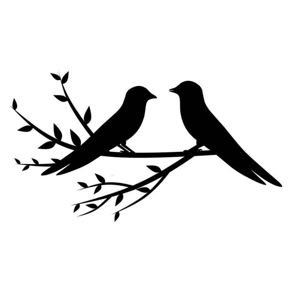 Vector Silhouette of a Pair of Swallows on a Tree Branch, Isolated on White Background, A Pair of Birds in Love, Wall Decoration, Romantic Silhouette of Birds on a Branch