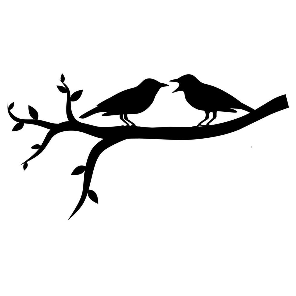 Vector Silhouette of a Pair of Birds on a Tree Branch, Isolated on White Background, Pair of Birds in Love, Wall Decoration, Romantic Silhouette of Birds on a Branch