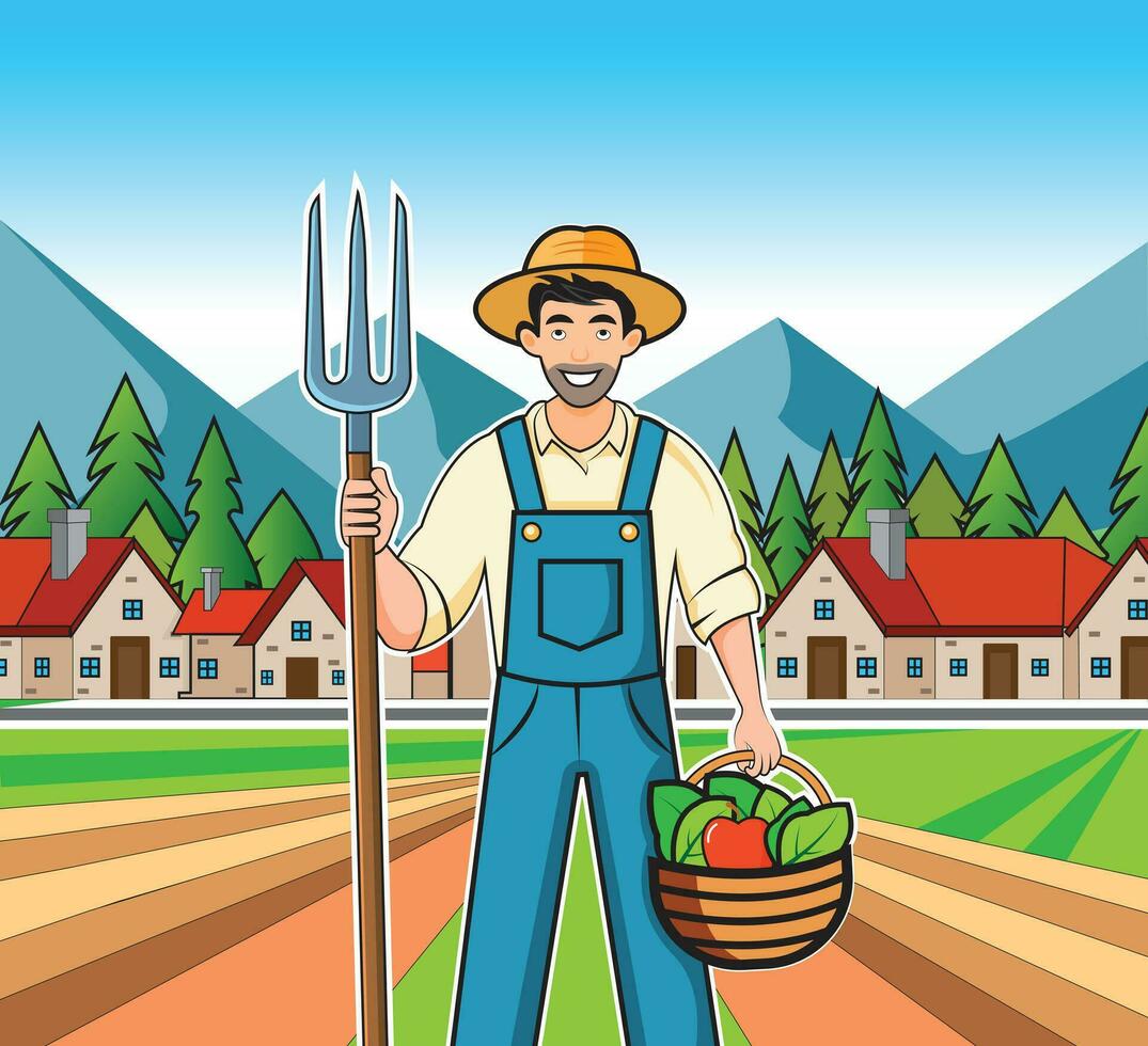 AI generated Farmer in Village Scenery vector