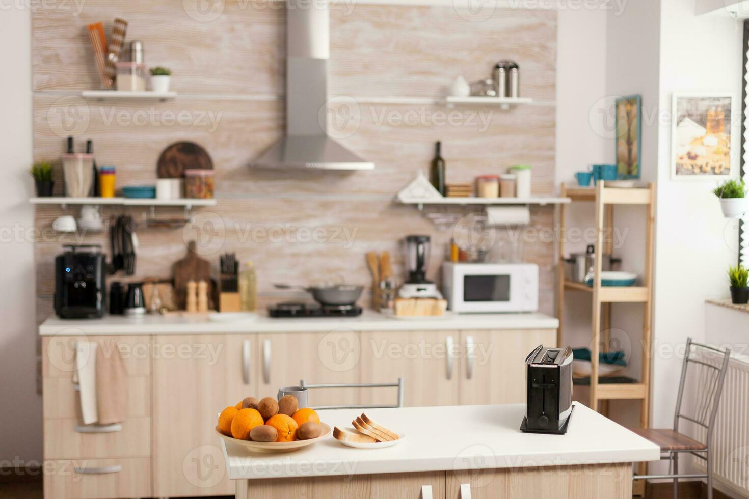 Modern kitchen design with nobody in it Bread toaster in kitchen with nobody in it. Modern kitchen coffee machine. Modern cozy interior with technology and furniture, decoration and architercture, comfortable room photo