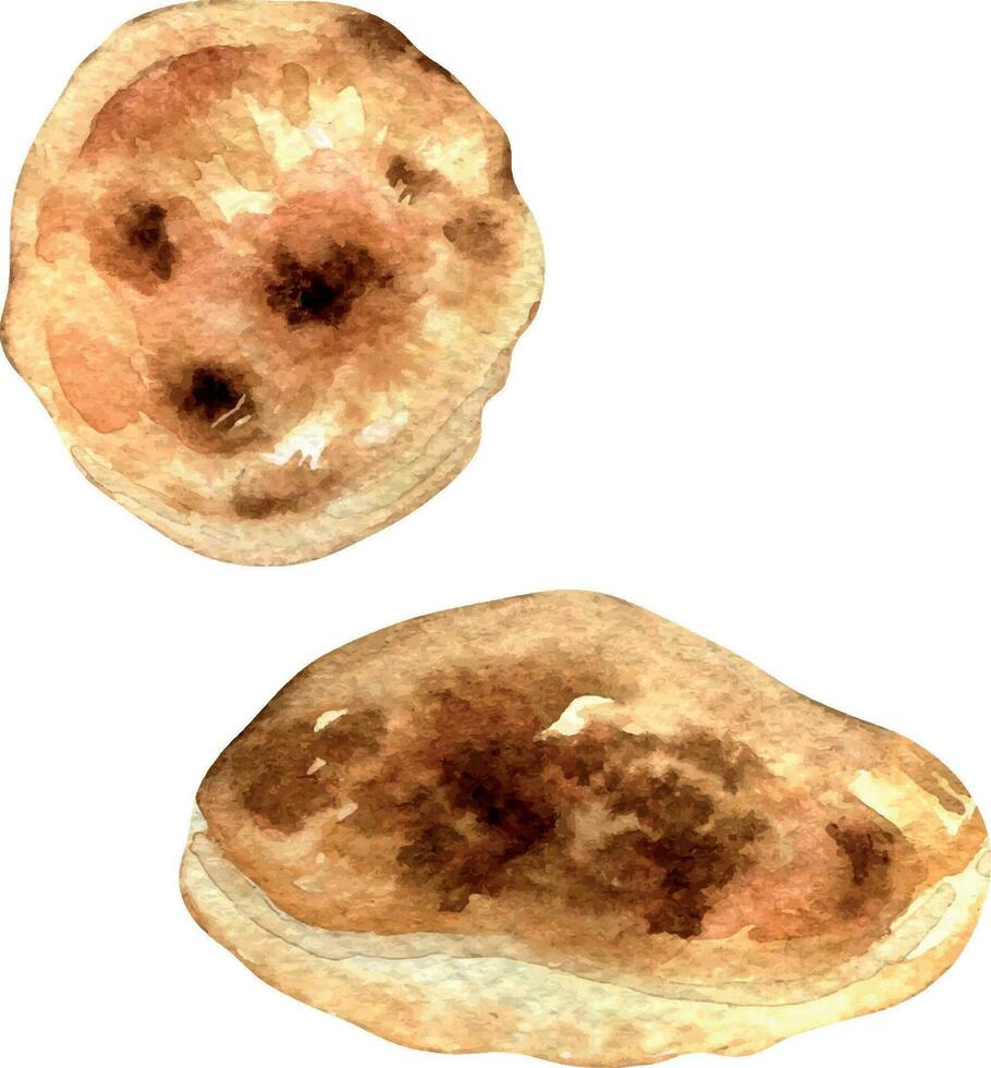 Israeli, Greek flat bread pita watercolor illustration isolated on white background. Hand drawn Arabian bread for bakery. Painted pitta bread. Element for design signage, wrapping paper, packaging vector