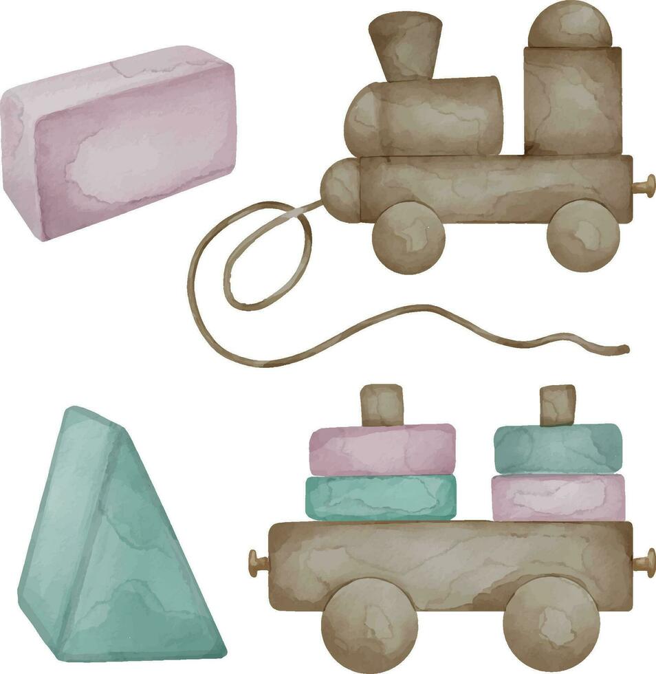 de madera juguetes para bebé acuarela ilustración aislado en blanco antecedentes. mano dibujado bloques y trenes juguete para niñito en pastel colores. elementos para cumpleaños tarjeta postal o recién nacido ducha, impresión vector