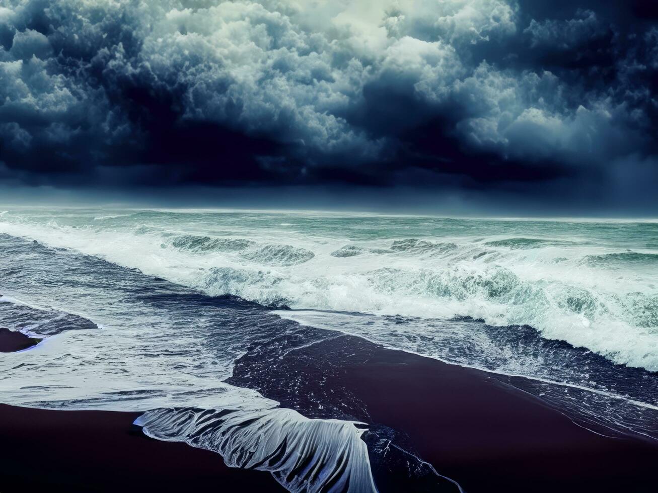 stormy beach, surrounded by crashing waves and dramatic clouds AI Generative photo