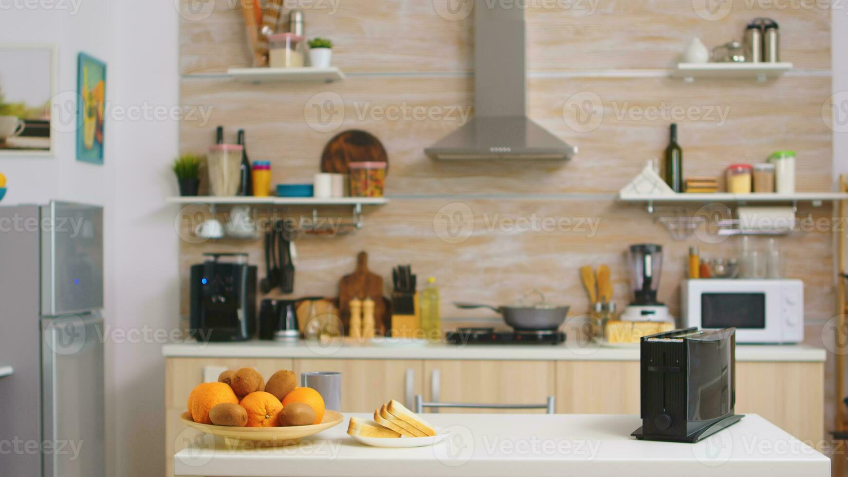 Bread toaster in kitchen with nobody in it. Modern kitchen coffee machine. Modern cozy interior with technology and furniture, decoration and architercture, comfortable room photo