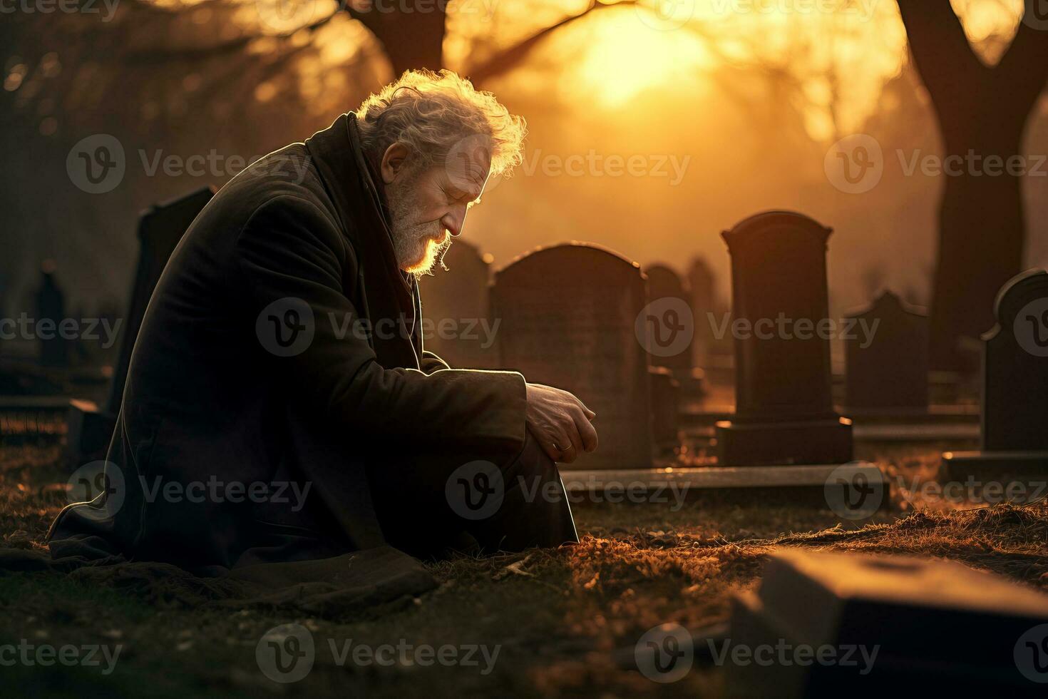 AI generated Sad senior man grieving the loss of his loved one on a cemetery on autumn evening. Depressed elderly man by the headstone of his wife in graveyard. All Saints Day. photo