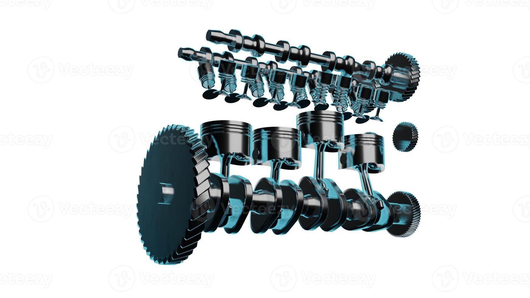 3D rendering of titanium alloy car engine isolated on white background. Premium vehicle component cylinders with crankshaft made with precise masterful engineering to be used on automobiles photo