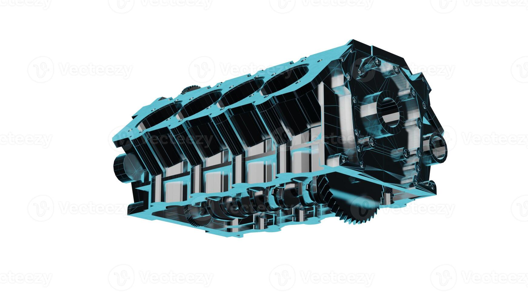 Close up detailed fully textured realistic 3D render of high tech car engine block assembled with steel cylinders casings, pistons, flywheel and industry grade engineering parts, white background photo