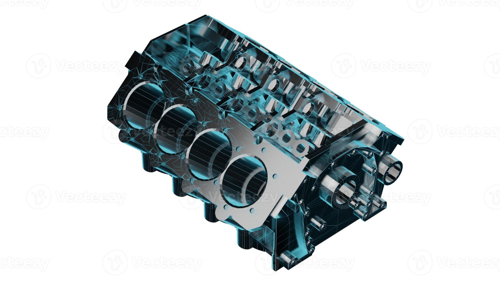 Close up detailed fully textured 3D render over white background of vehicle motor block assembled with cylinders casings, cranks, coolant passages and other engineering parts photo