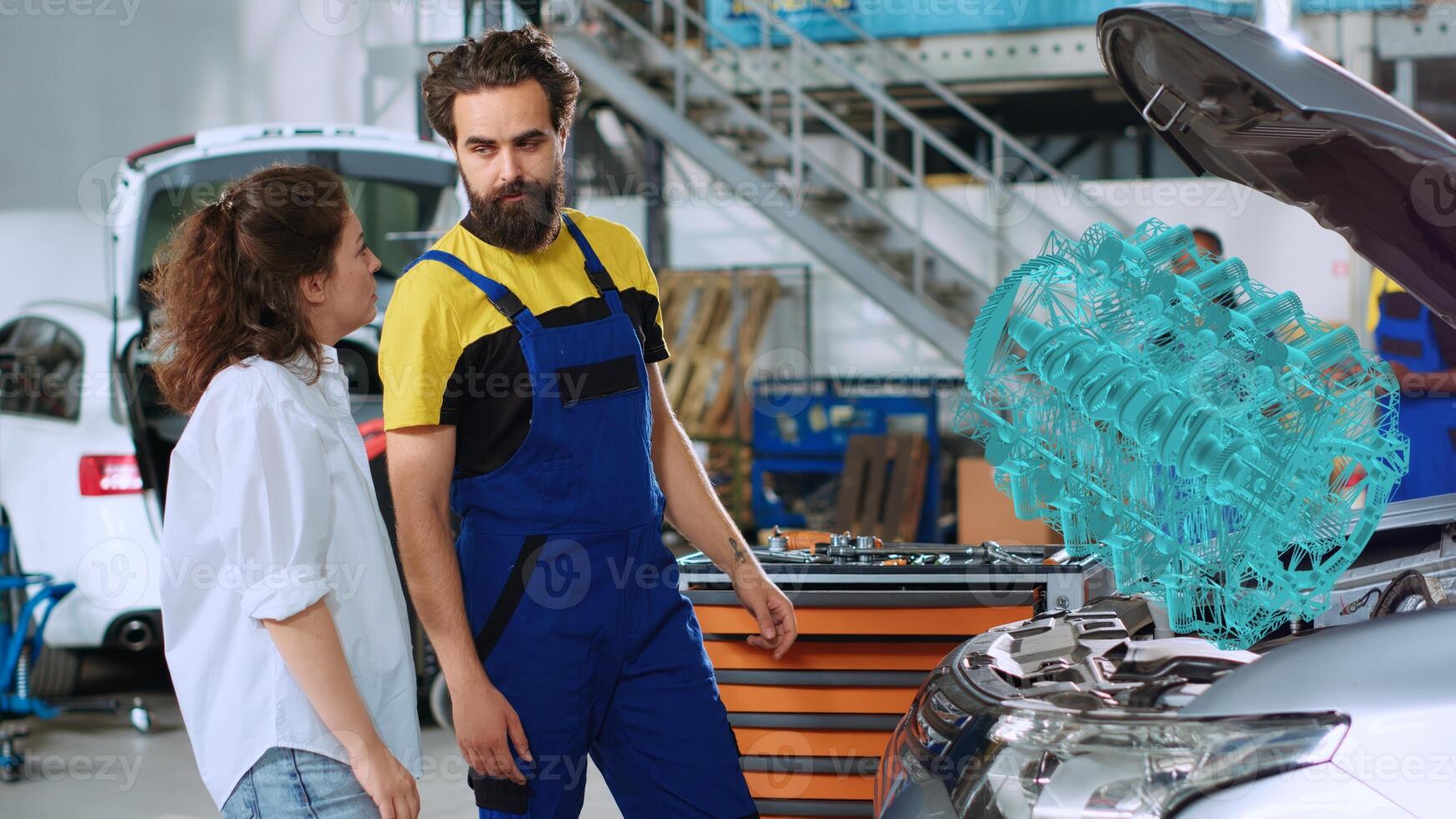 Meticulous technician in repair shop using holographic augmented reality to show customer damaged engine inside car. Trained garage worker using futuristic AR tech to project vehicle parts for woman photo