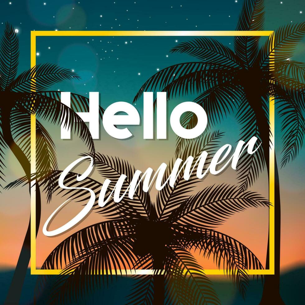 Hello Summer Sign, with Coconut Trees At Evening, Suitable For Summer Holiday and Beach Party, Vector Illustration