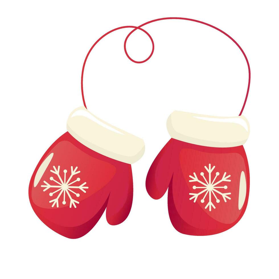 Red mittens with Christmas ornament. Bright vector illustration of gloves isolated on white background. Detailed winter clothing for holiday patterns, packaging, design