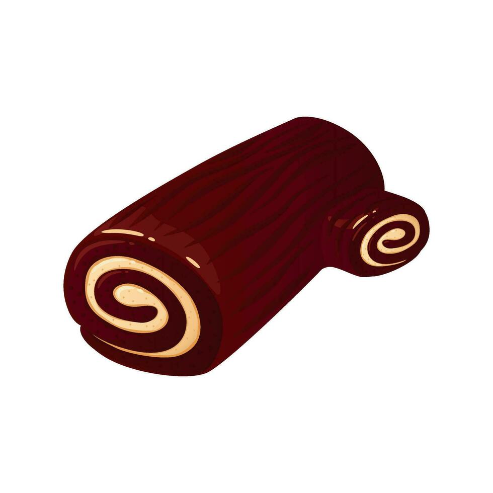 Chocolate Yule log cake vector illustration. Traditional Christmas cake isolated on white background. Decorative detailed sweet dessert element for holiday patterns, packaging, designs