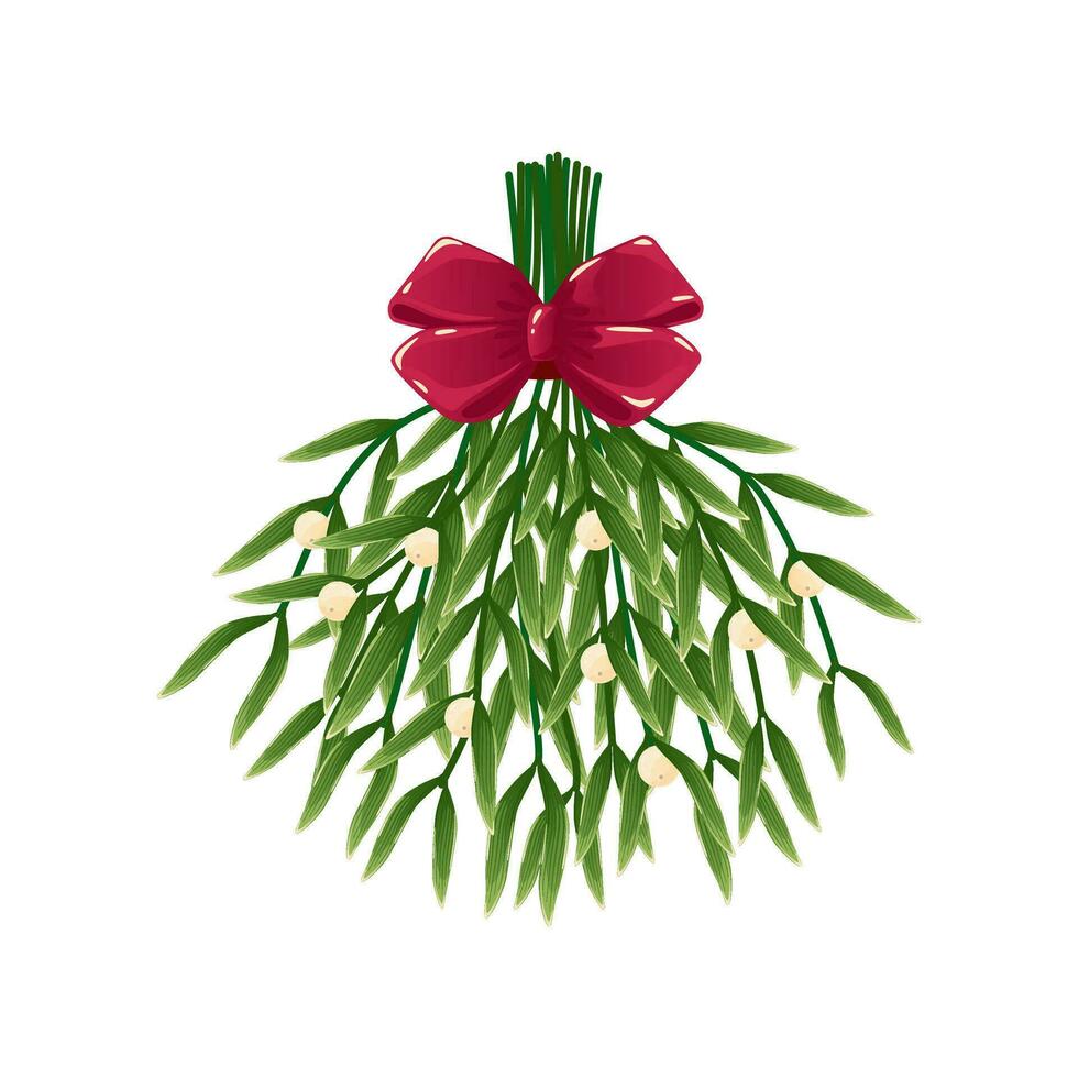 Christmas mistletoe flower with red bow vector illustration. Traditional kissing bough isolated on white background. Christmas decoration element for holiday patterns, packaging, design, greeting card