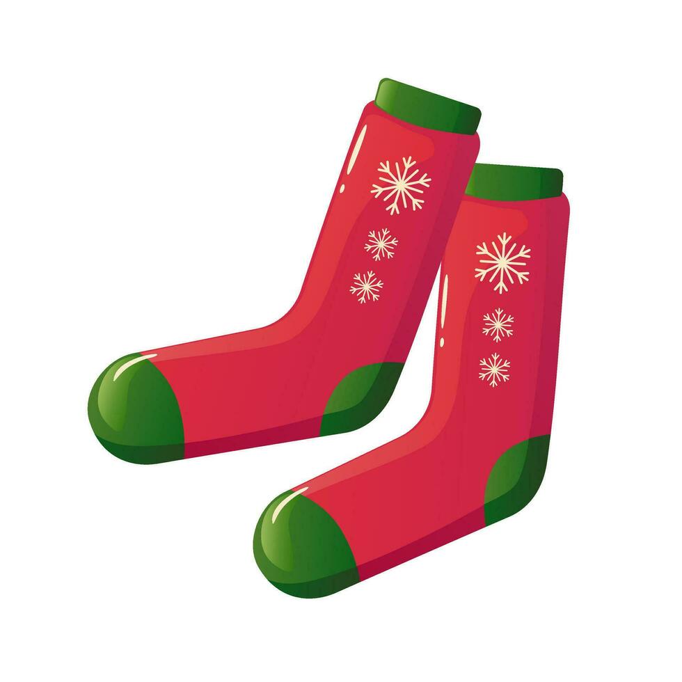 Red and green socks with Christmas ornament. Bright vector illustration of stockings isolated on white background. Detailed winter clothing for holiday patterns, packaging, design