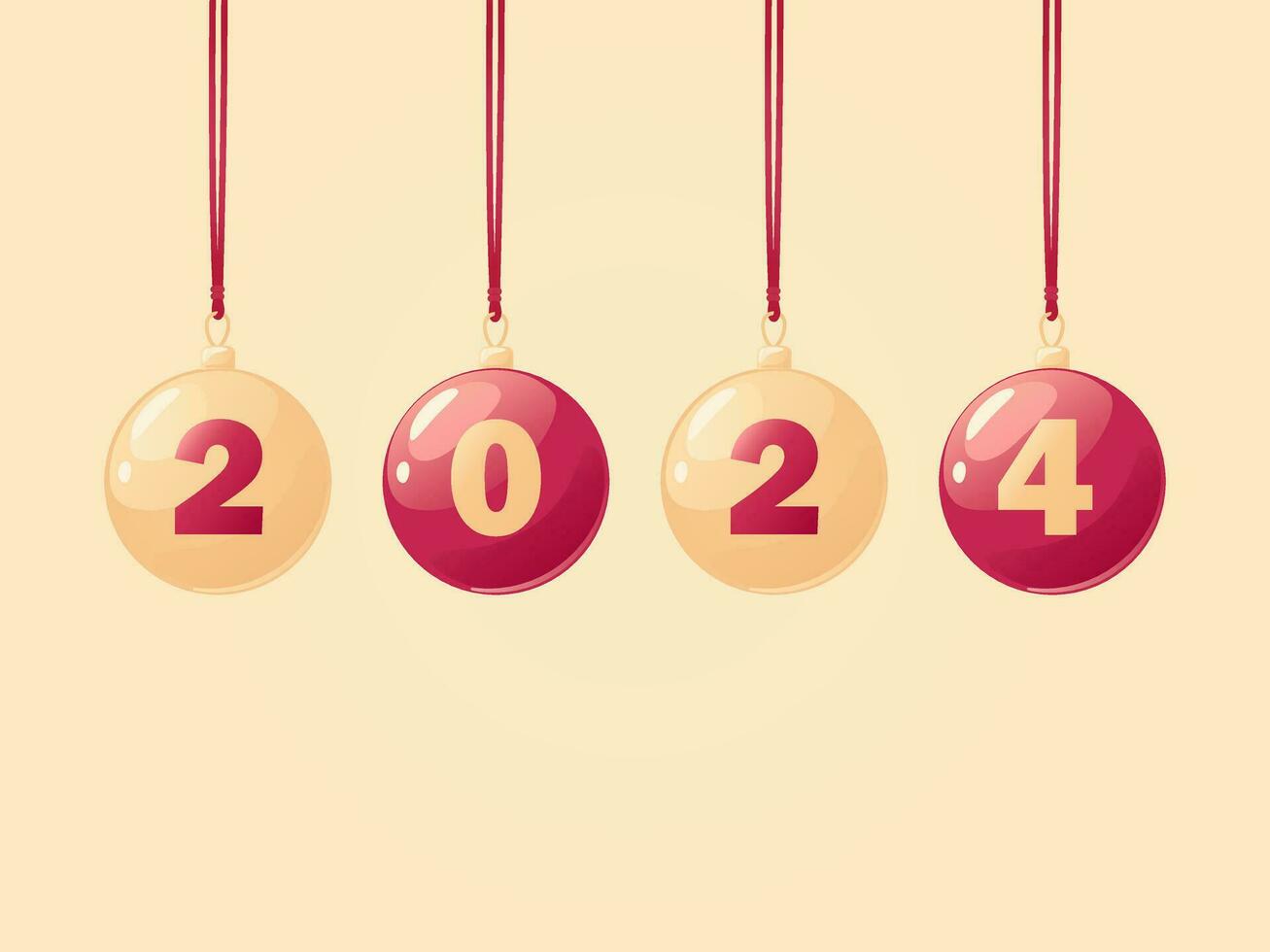 Happy New Year greeting card, poster, banner design. Christmas vector illustration for celebrating upcoming 2024 year of dragon with red and golden christmas tree ornaments