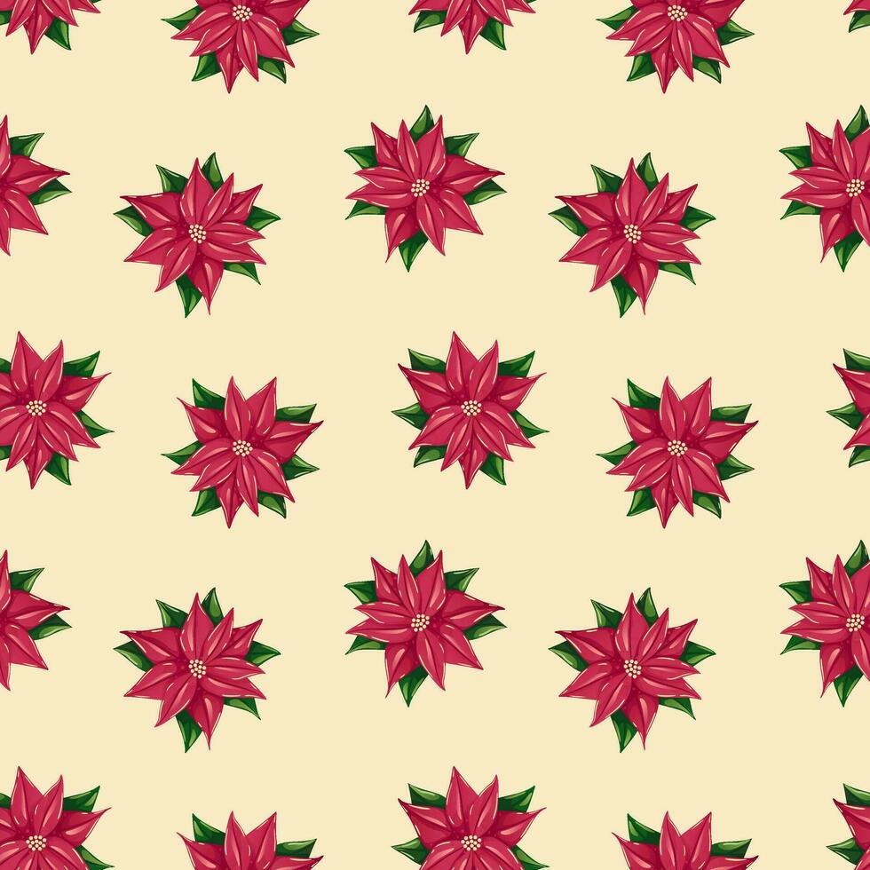 Christmas seamless pattern with holly berries branches and poinsettia flower Vector illustration of seamless background. Christmas decoration for holiday patterns, packaging, designs, wrapping