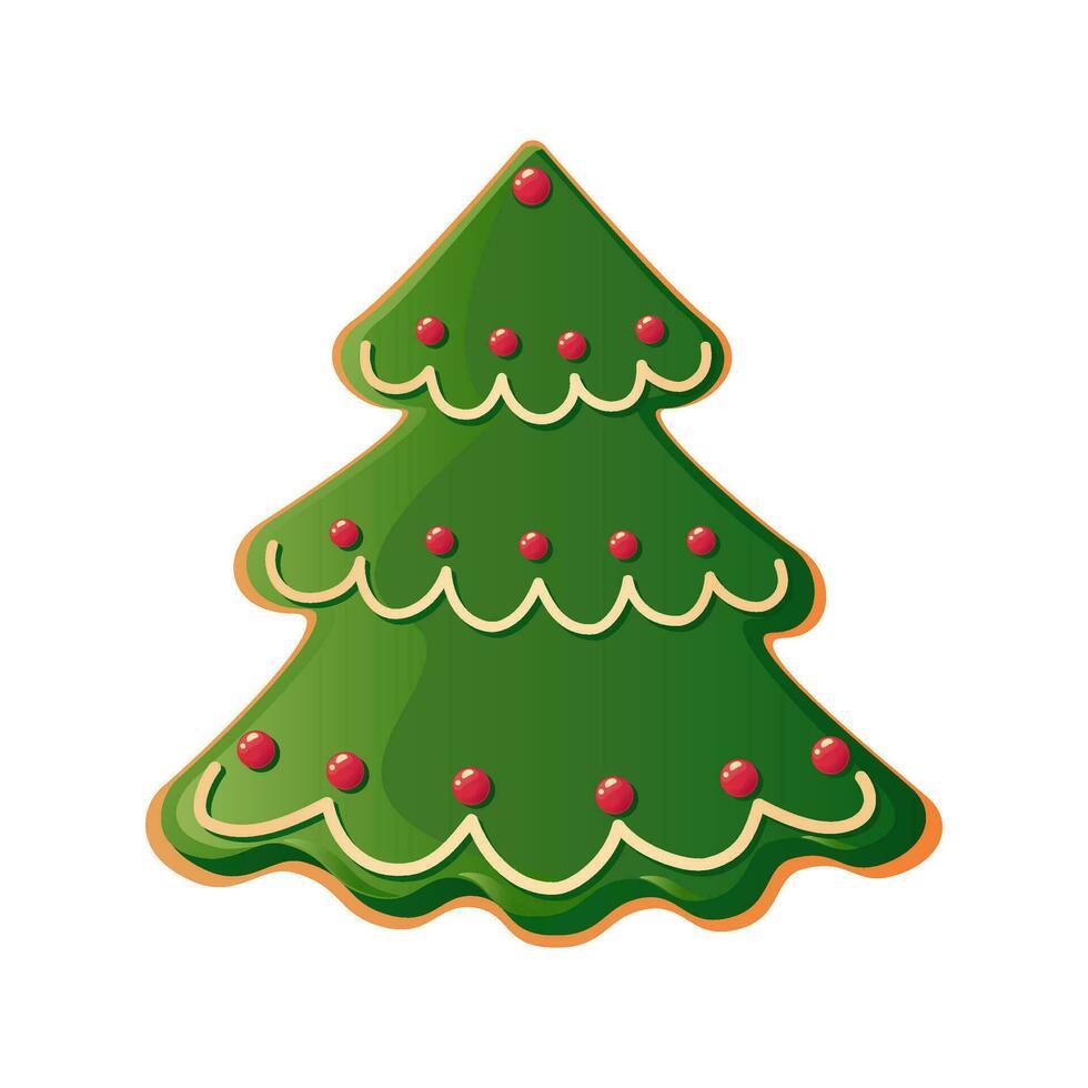 Gingerbread Christmas tree cookie vector illustration. Honey baked biscuit with green icing isolated on white background. Decorative detailed element for holiday patterns, packaging, designs